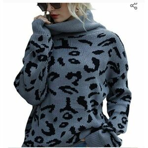 Black‎ Gray Leopard  Mock Turtleneck Sweater Size Xl